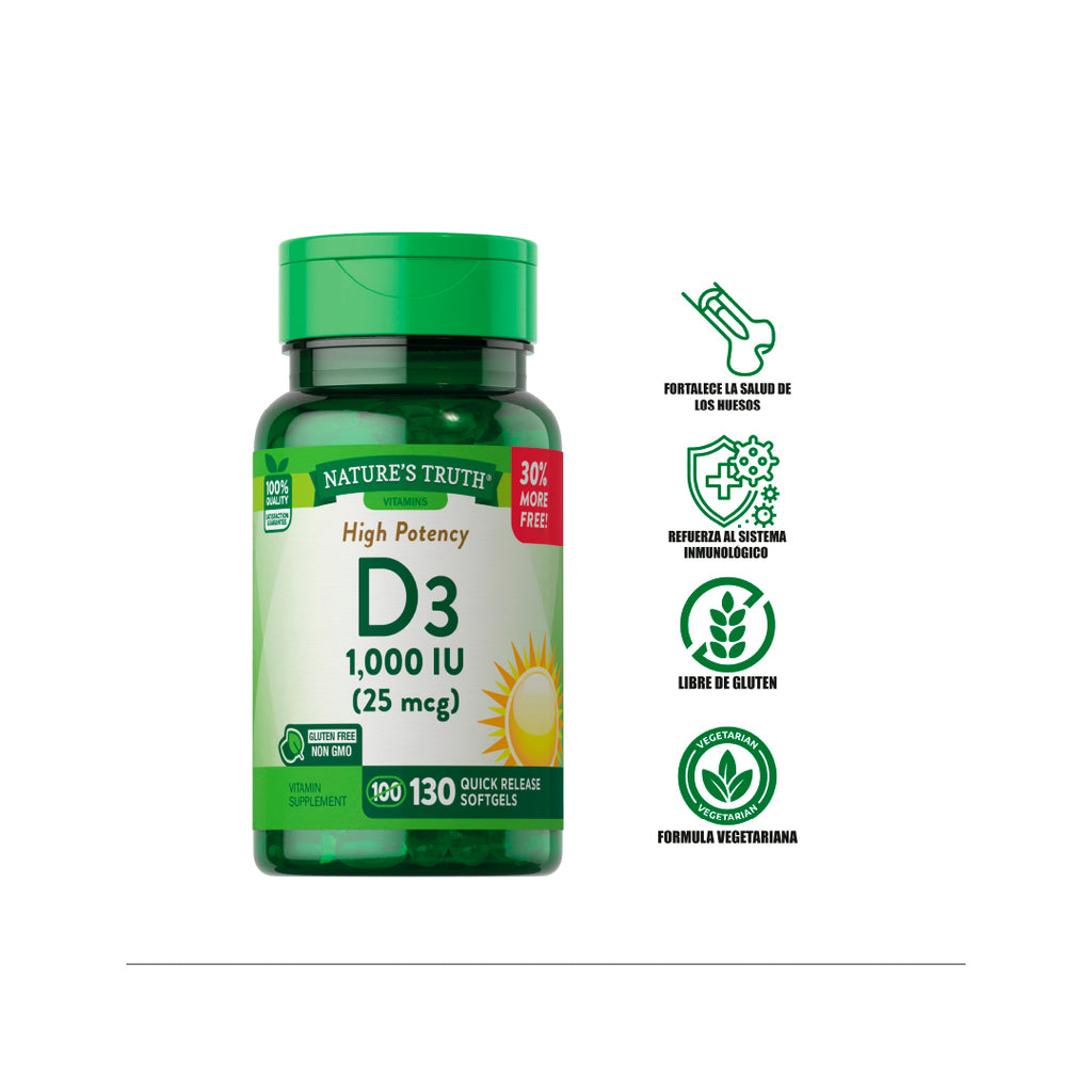 Vitamina D3 1000 IU (25 mcg) 130 cápsulas - Nature's Truth